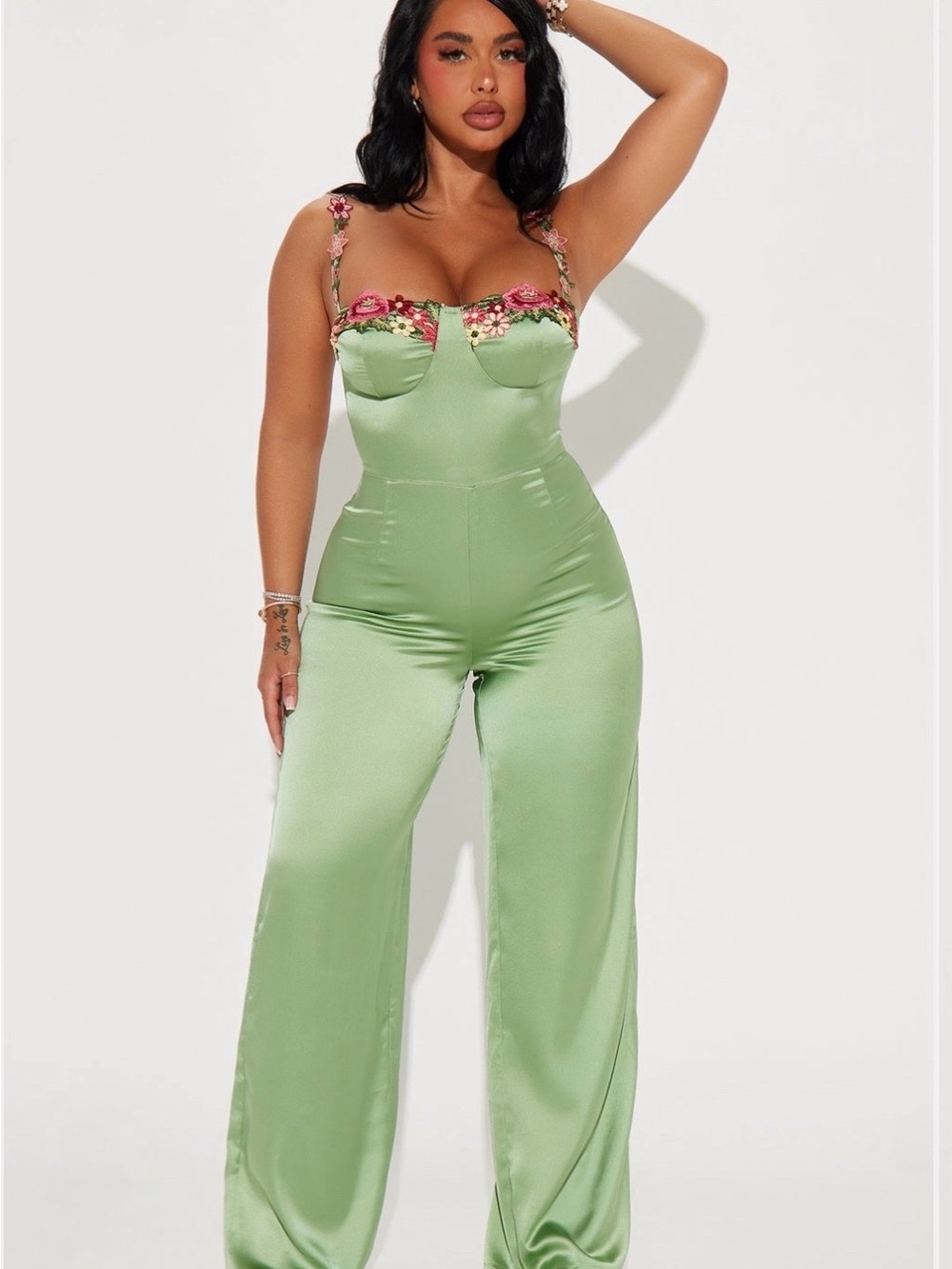 Fashion Nova Sage Green Satin Jumpsuit with Floral Straps